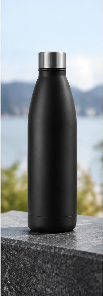Lifestyle view of an illustrative matte black water bottle