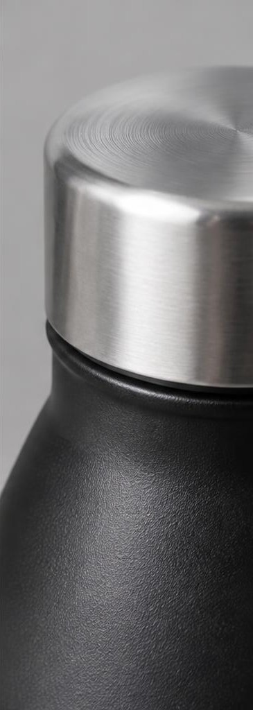 Detail view of an illustrative matte black water bottle